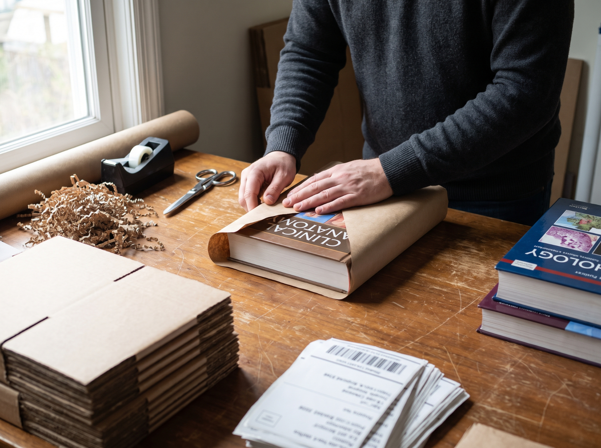 Hands wrapping a medical textbook in kraft paper on a wooden packing desk with shipping labels and packing supplies nearby
