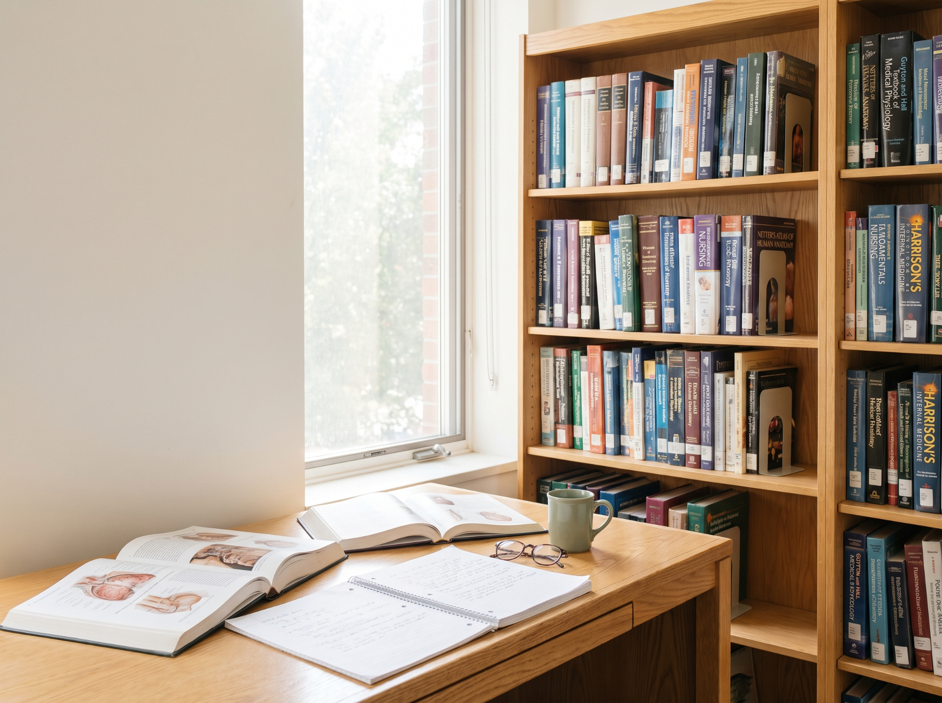 Open medical textbooks and study notes on a wooden desk beside a bookshelf of nursing and medical books, lit by natural window light